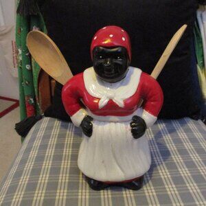 VTG Black Americana ceramic Kitchen Utensil Holder hand painted 10", 2.5 pounds!